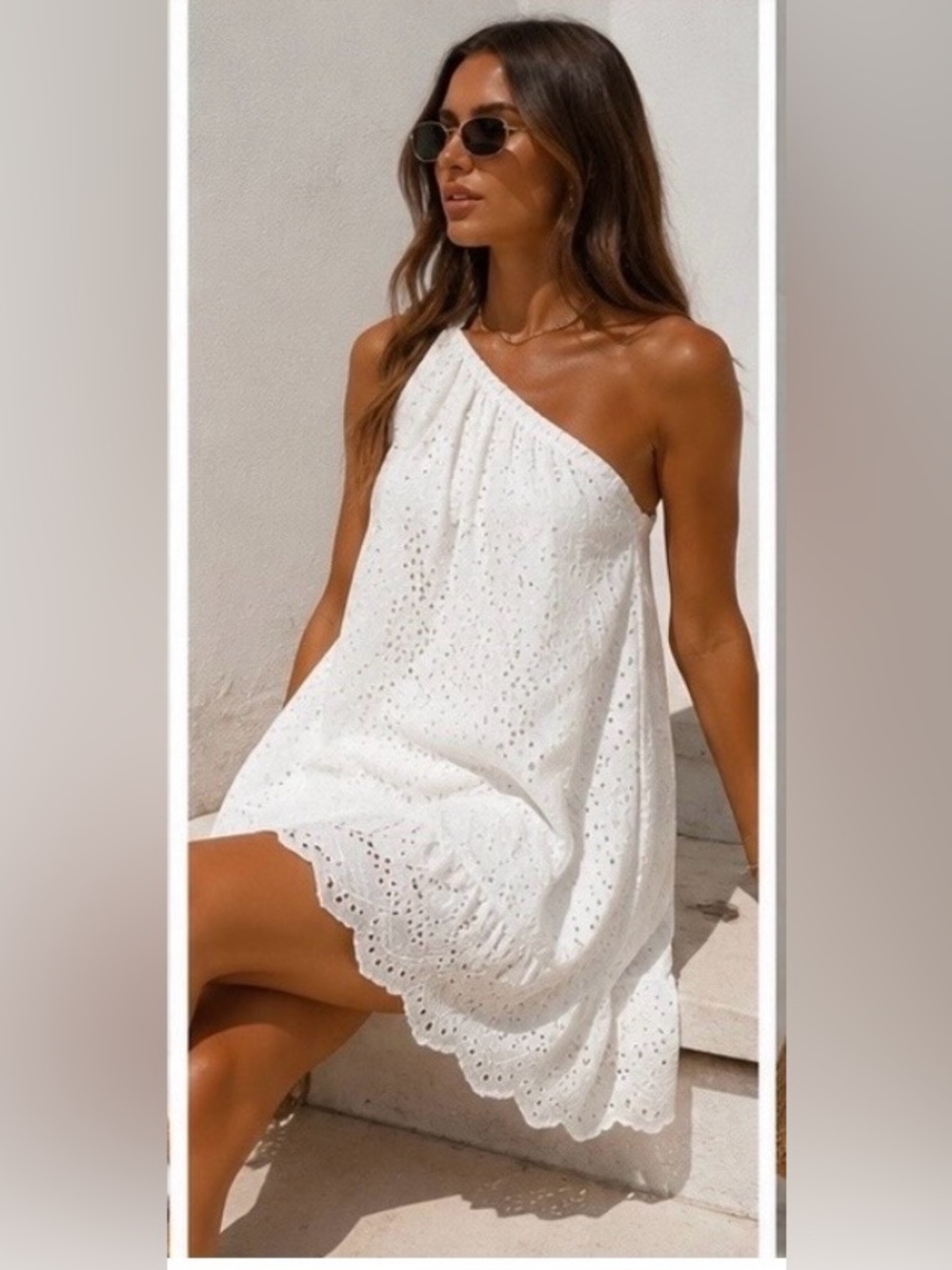 White One-Shoulder Eyelet Mini Dress